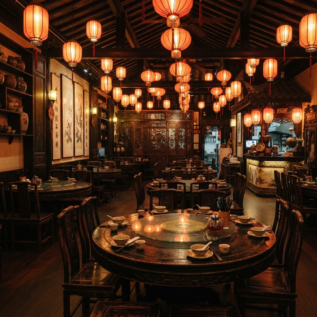 Dragon Fountain Chinese Restaurant dining room with red lanterns and warm lighting