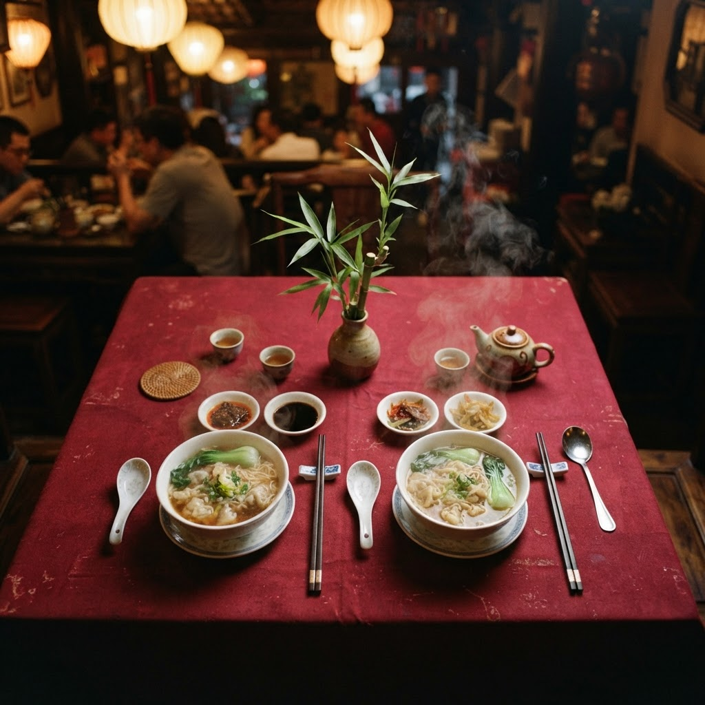 Dragon Fountain restaurant table setting with porcelain bowls and chopsticks